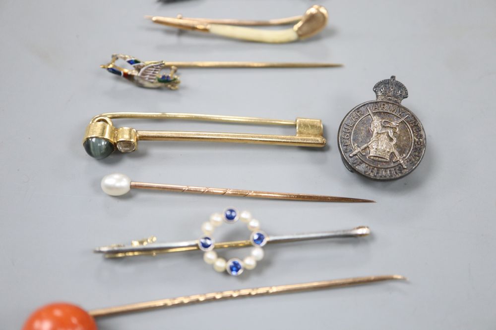 A Victorian rose cut diamond set jabot pin, three stick pins including 15ct & enamel flying duck & 3 other brooches.